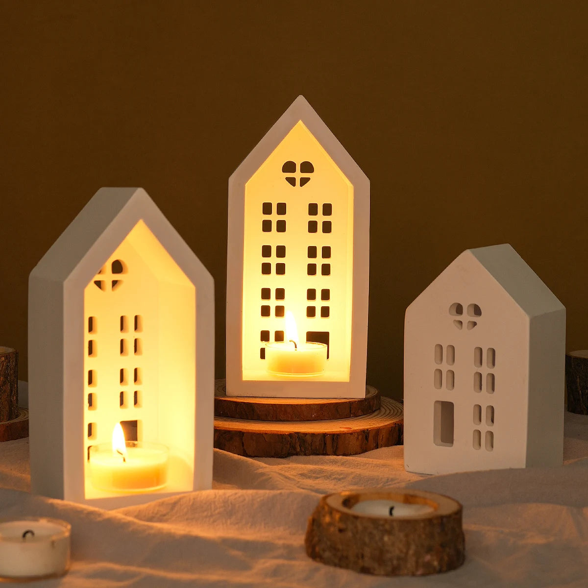 House Candle Holder Silicone Mold DIY Handmade Window Houses Plaster Concrete Resin Candlestick Craft Casting Molds Home Decor